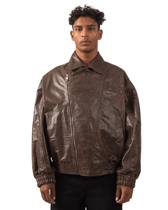 VINTAGE BROWN LEATHER BIKER JACKET Stand-Up Collar Roll-Neck Collar Turtle Neck