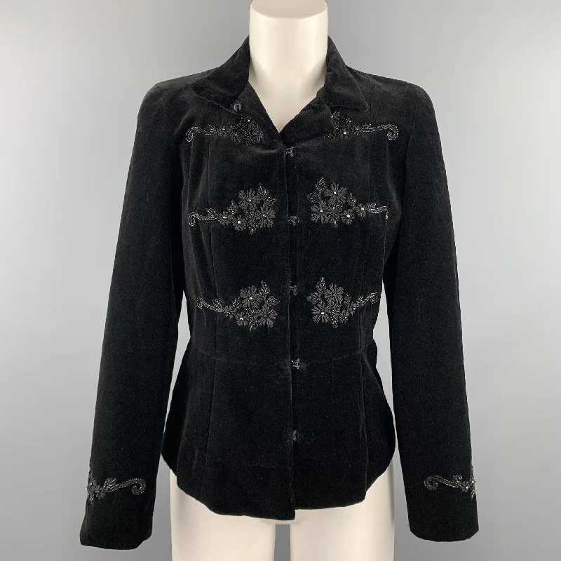 BLUMARINE Size 6 Black Embroidered Cotton Velvet Hook & Eye Jacket Striped Jacket Polka Dot Jacket Floral Jacket BLUMARINE Size 6 Black Embroidered Cotton Velvet Hook & Eye Jacket Striped Jacket Polka Dot Jacket Floral Jacket