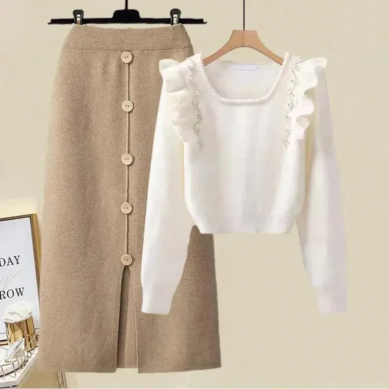 Beaded Sweater Top Women Skirts Outfit Set Beaded Sweater Sequined Faux Fur