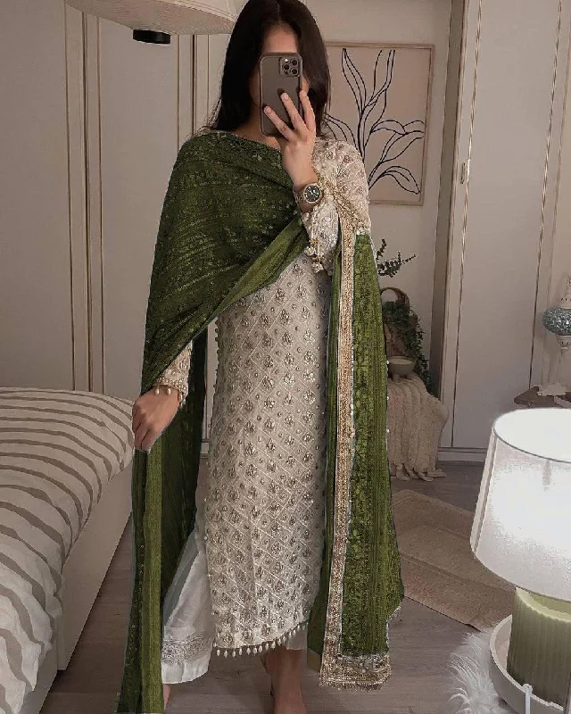Glittering Charm Eid Dresses :Pakistani Style Georgette Sequined Embroidered Top and Pant Set with Olive Dupatta Relaxed Casual Leggings Glittering Charm Eid Dresses :Pakistani Style Georgette Sequined Embroidered Top and Pant Set with Olive Dupatta Relaxed Casual Leggings