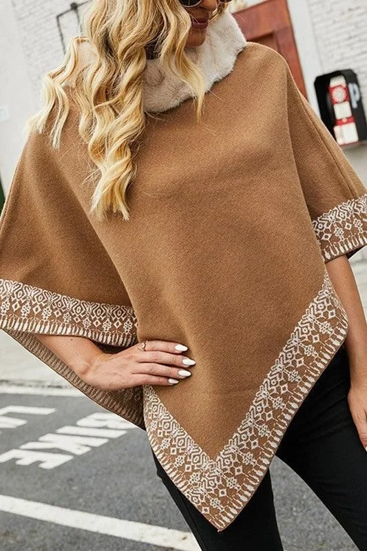 FUR COLLAR CAPE SHAWL JACKET Front Pockets Side Pockets Patch Pockets