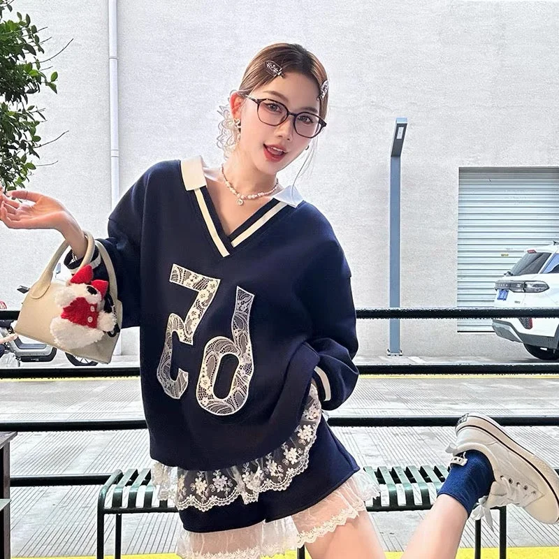 No.65 Premium Navy Sweater Top + Shorts Two Piece Set Layered Multi-layer Single Layer