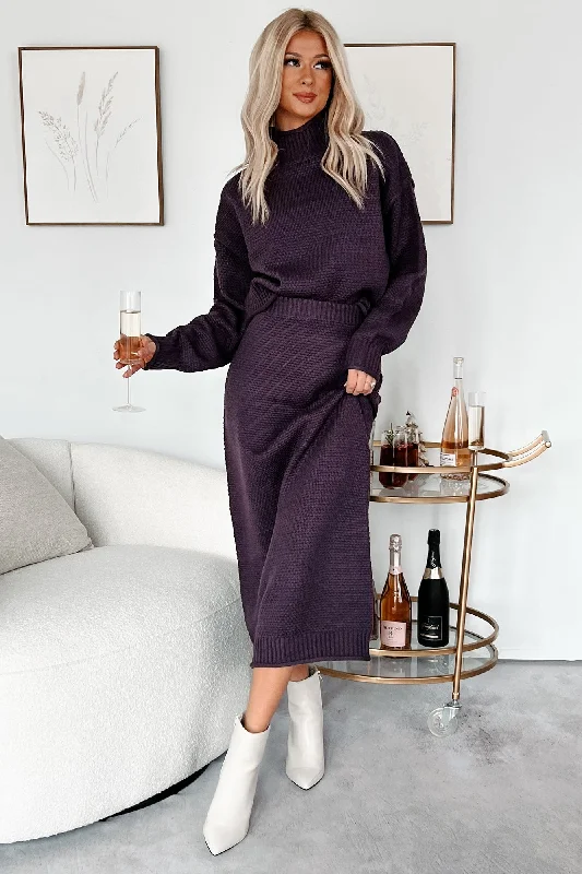 Cozy In Colorado Sweater Knit Two-Piece Set (Dark Plum) Zippered Front Buttoned Front Snap Front