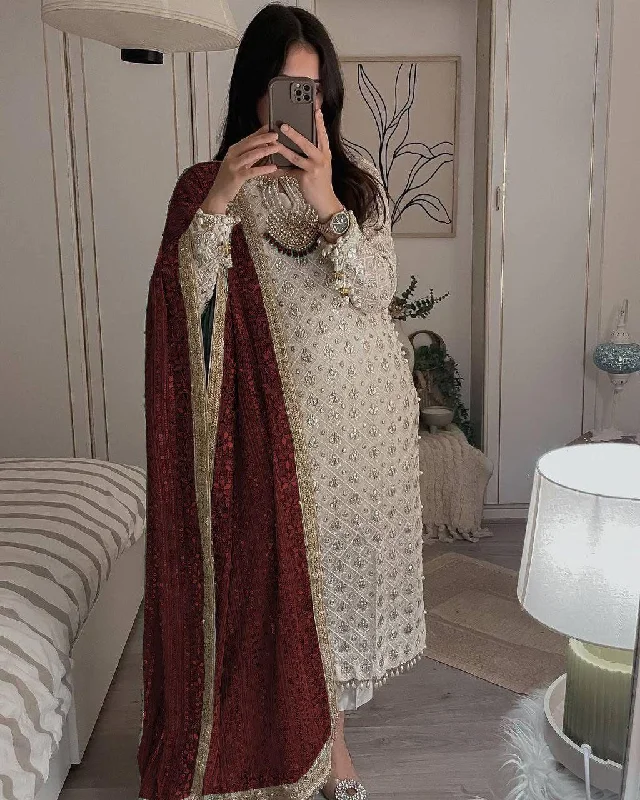 Glittering Charm:Pakistani Style Georgette Sequined Embroidered Top and Pant Set with Wine Dupatta Soft Stretch Trousers Glittering Charm:Pakistani Style Georgette Sequined Embroidered Top and Pant Set with Wine Dupatta Soft Stretch Trousers