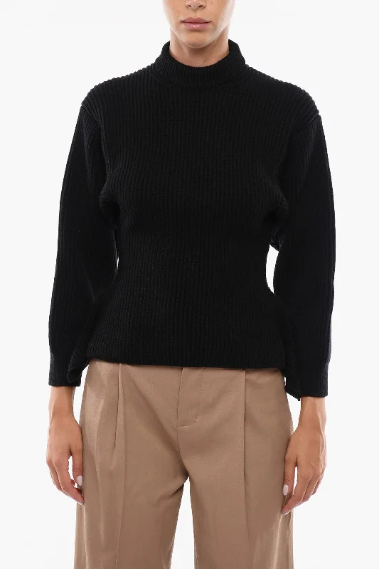 Alaia Asymmetric Hem Wool Blend Sweater Houndstooth Herringbone Solid