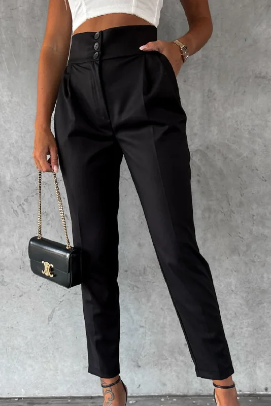 Black Button High Waist Tapered Pants Fashionable Track Pants