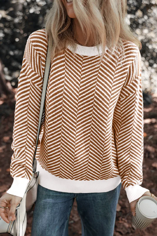 Herringbone Pattern Sweater - Brown Hooded Sweater Collared Sweater Shawl Collar