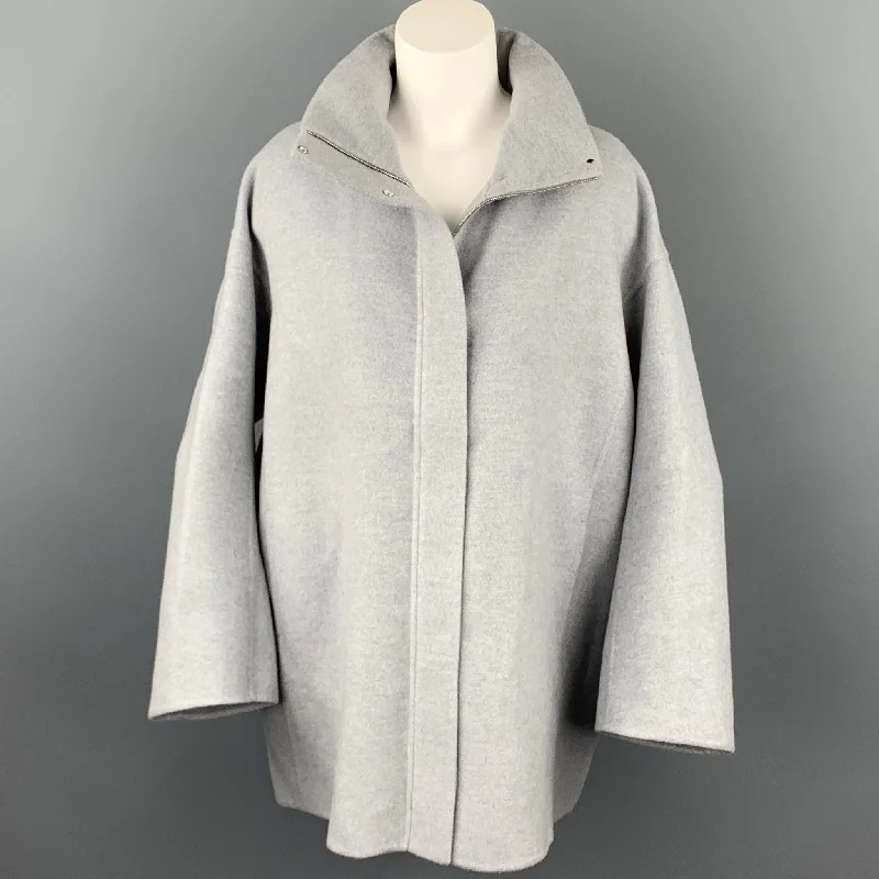 LORO PIANA Size M Light Gray Cashmere Leather Trim Oversized Hooded Jacket Satin Jacket Silk Jacket Chiffon Jacket LORO PIANA Size M Light Gray Cashmere Leather Trim Oversized Hooded Jacket Satin Jacket Silk Jacket Chiffon Jacket
