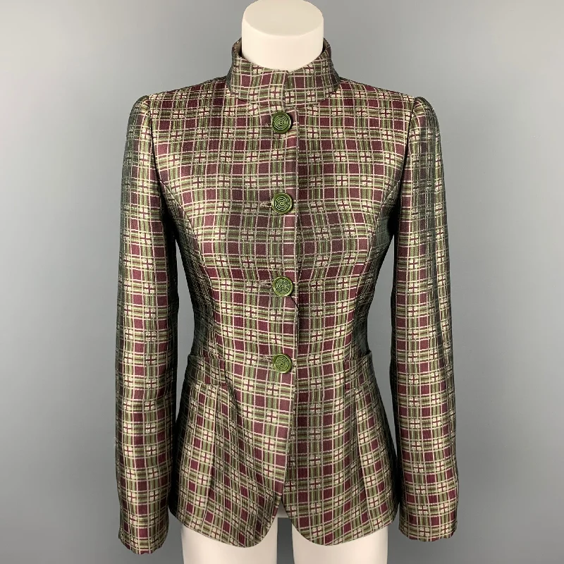 GIORGIO ARMANI Size 2 Burgundy / Green Plaid Wool Blend Nehru Collar Jacket Insulated Jacket Fitted Jacket Loose Jacket GIORGIO ARMANI Size 2 Burgundy / Green Plaid Wool Blend Nehru Collar Jacket Insulated Jacket Fitted Jacket Loose Jacket