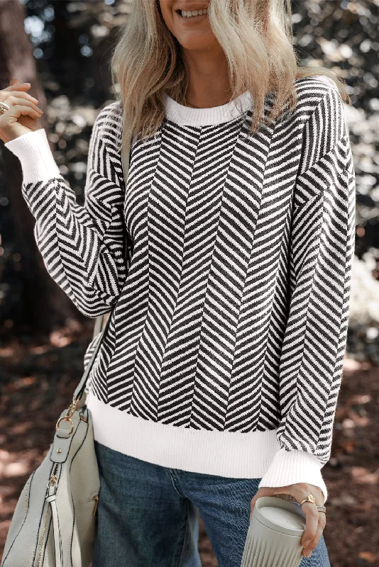 Herringbone Pattern Sweater - Black Long Sweater Short Sweater Cropped Sweater