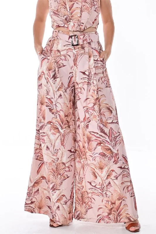 Wide Leg Ladies Pants in Tropical Palm Print with Belt Cozy Knit Pants
