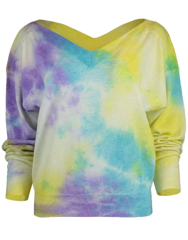 V-Neck Tie Dye Sweater Beaded Sweater Sequined Faux Fur