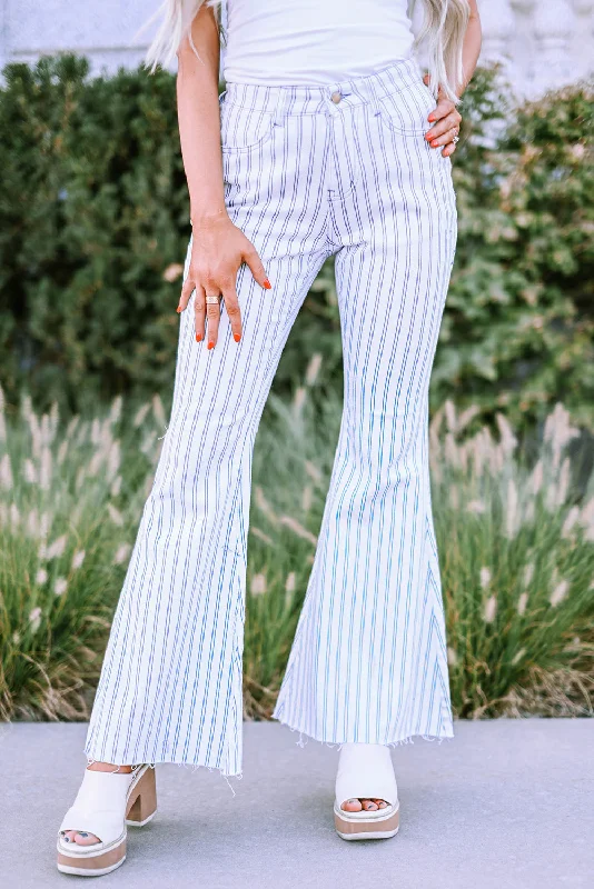 White High Waist Striped Print Flared Pants Elegant Trouser Pants