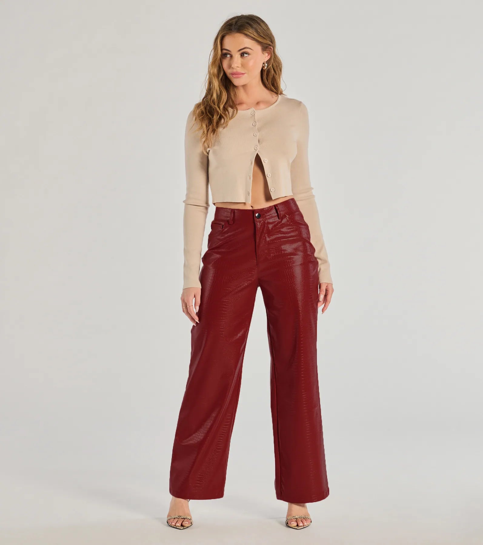 Chic Babe Faux Leather Croc-Embossed Wide-Leg Pants Slim-Fit Khaki Pants
