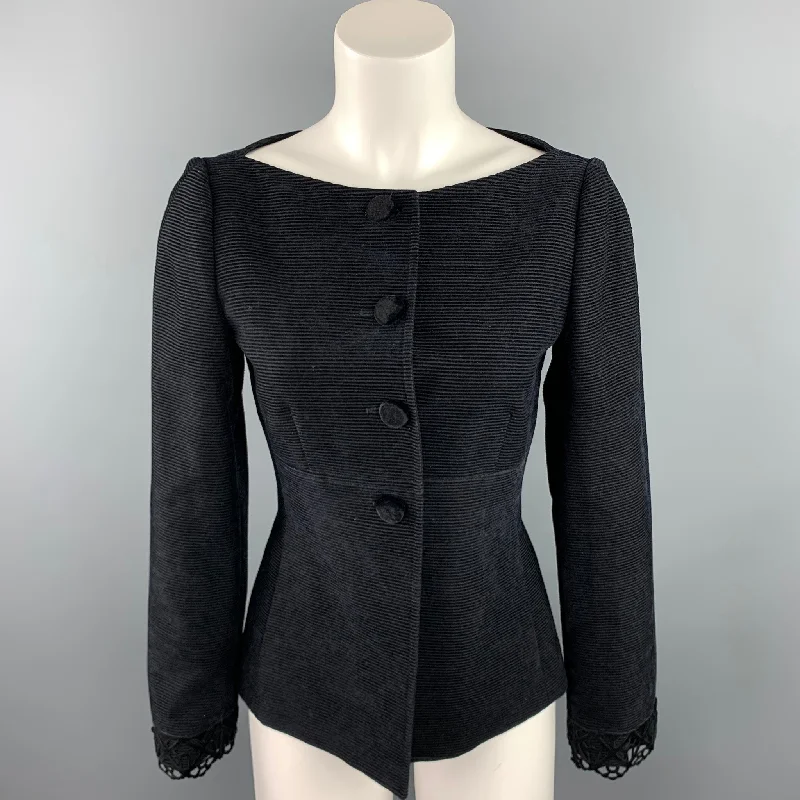 EMPORIO ARMANI Size 6 Black Textured Corduroy Virgin Wool Blend Boat Neck Jacket Hoodie Zip-Up Jacket Button-Up Jacket EMPORIO ARMANI Size 6 Black Textured Corduroy Virgin Wool Blend Boat Neck Jacket Hoodie Zip-Up Jacket Button-Up Jacket