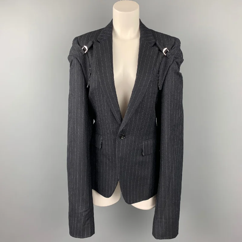 COMME des GARCONS Size M Navy Chalk Stripe Wool Double Sleeve Peak Lapel Jacket Front Pockets Side Pockets Patch Pockets COMME des GARCONS Size M Navy Chalk Stripe Wool Double Sleeve Peak Lapel Jacket Front Pockets Side Pockets Patch Pockets