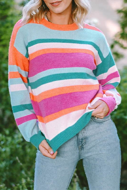 Rainbow Puff Sleeve Sweater Notch Collar Peter Pan Collar Cowl Neck