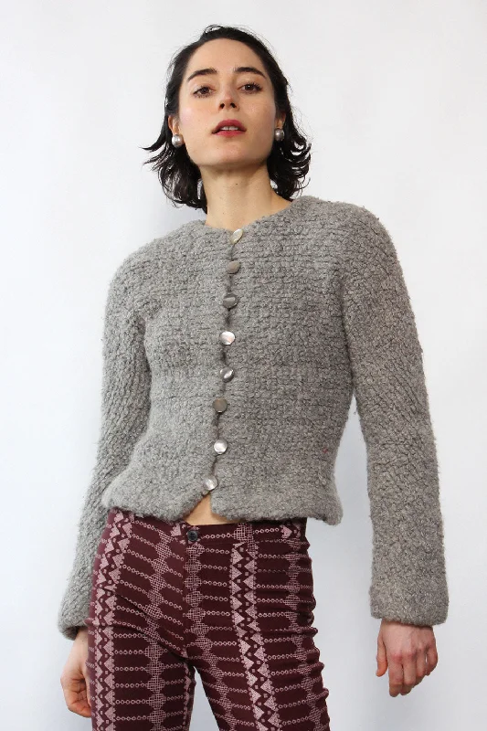 1940s Stone Bouclé Sweater Jacket XS Graphic Sweater Embroidered Appliqued