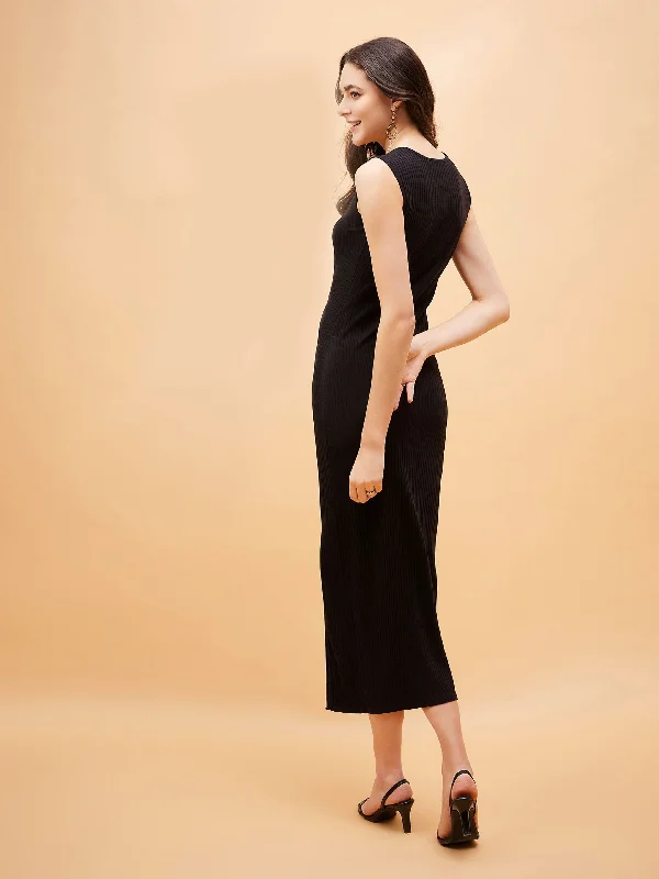 Women Black Rib Square Neck Midi Slit Dress