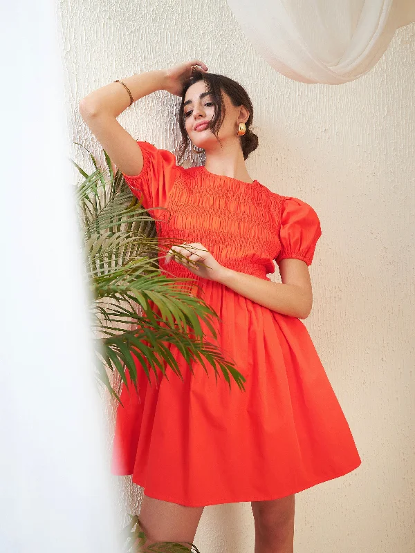 Women Orange Poplin Smocked Gathered Dress