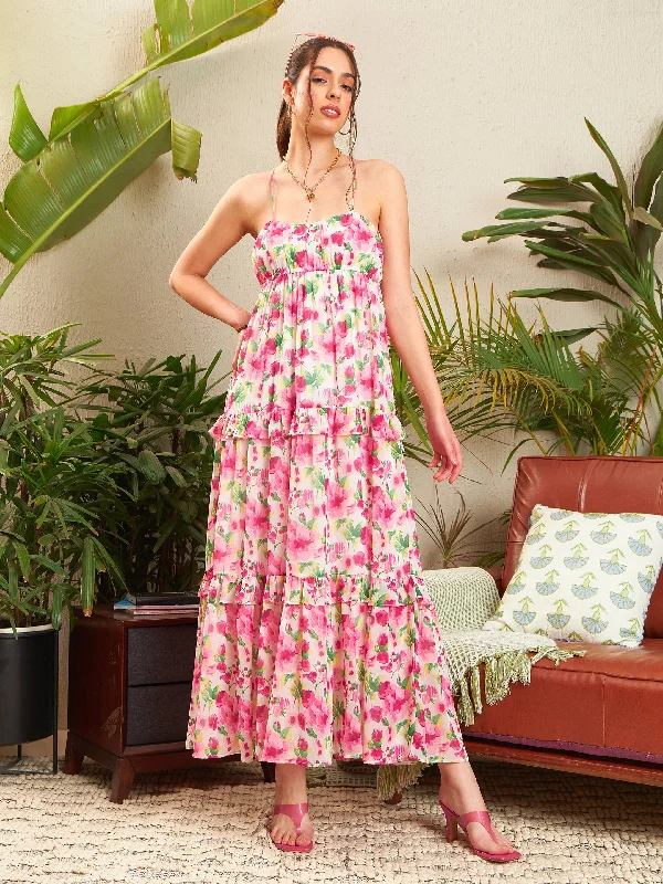 Women Pink Floral Strappy Ruflle Maxi Dress