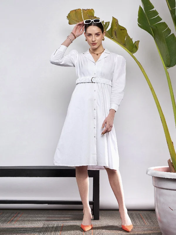 Women White Poplin Ruched Belted Shirt Dress