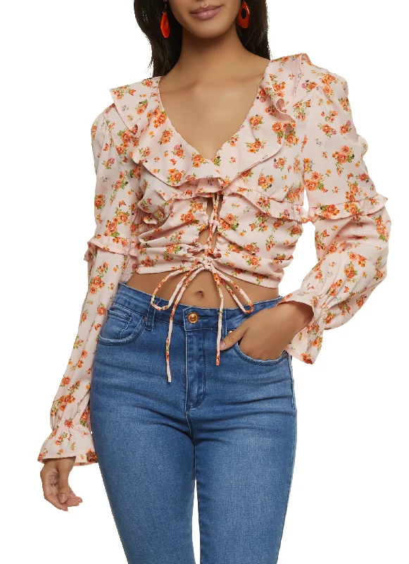 Patterned Lace Up Front Blouse