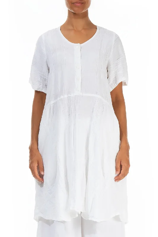 Buttoned Woven Texture White Linen Tunic