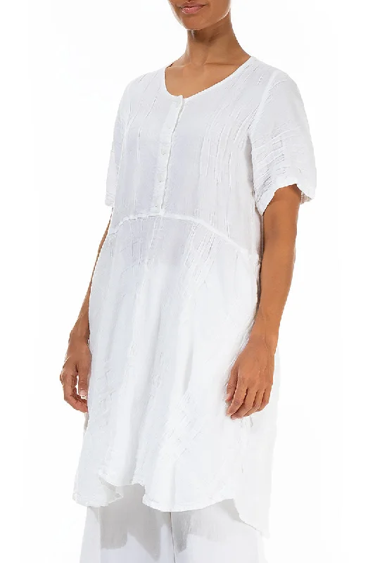 Buttoned Woven Texture White Linen Tunic