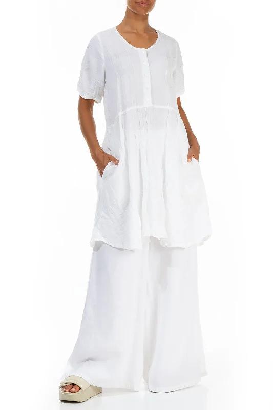 Buttoned Woven Texture White Linen Tunic