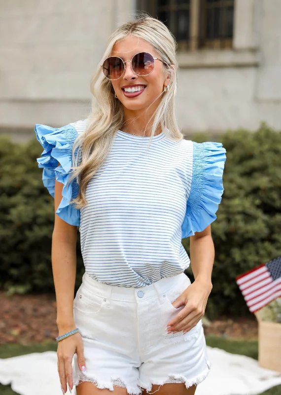 FINAL SALE - Easily Enjoyed Blue Striped Ruffle Sleeve Blouse