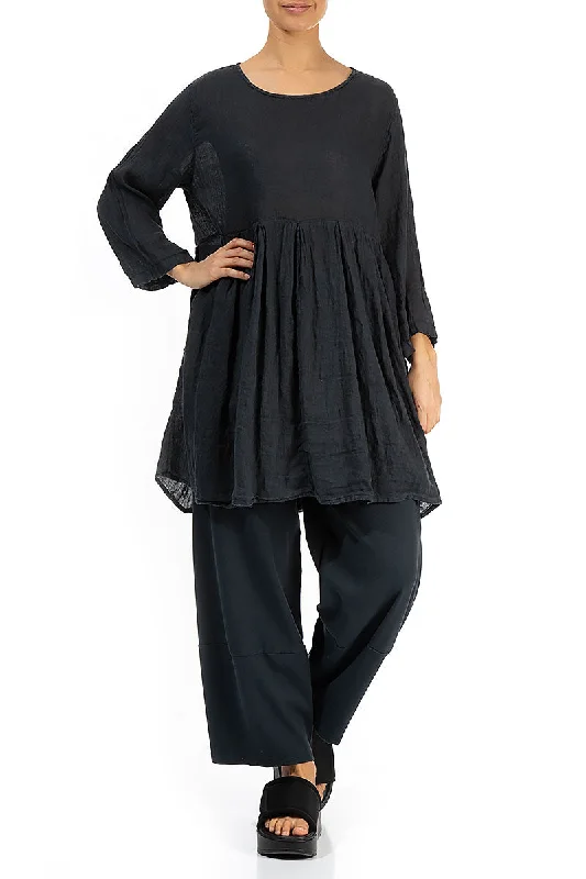 Gathered Graphite Gauze Linen Tunic