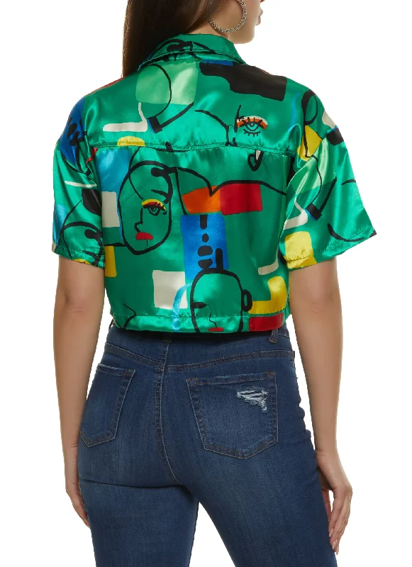 Satin Mixed Print Cropped Shirt