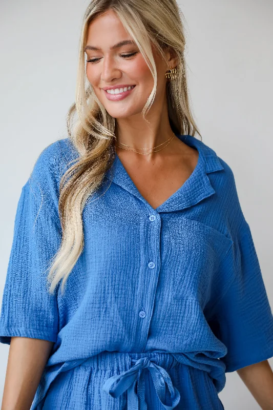 FINAL SALE - Stylish Ease Blue Linen Blouse - DU DEAL