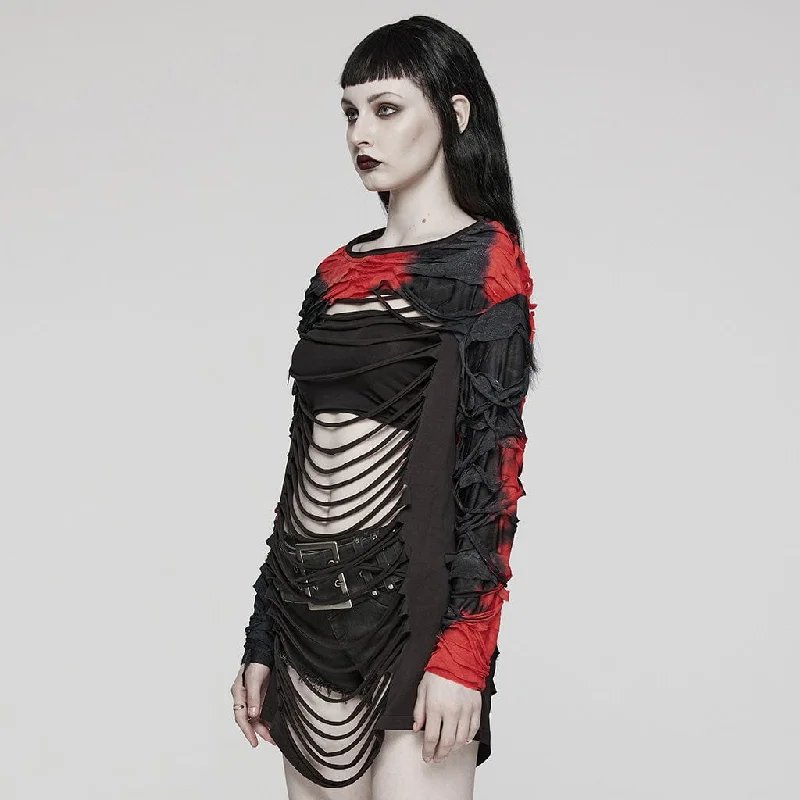 Women's Punk Spaghetti Strap Cutout Ripped Long Sleeved Shirt