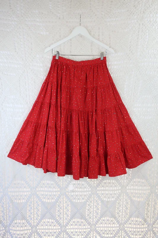 70's Vintage - Tiered Rara Midi Skirt - Red Floral - XXS