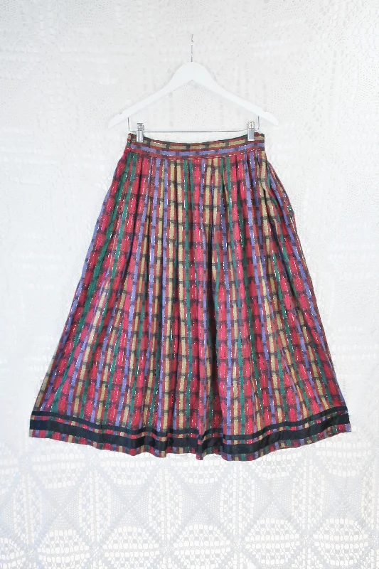 70's Vintage - Tartan Midi Skirt - Green, Silver, Black & Red - S/M