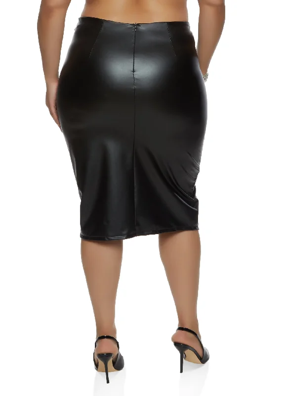 Plus Size Faux Leather Savage Graphic Pencil Skirt