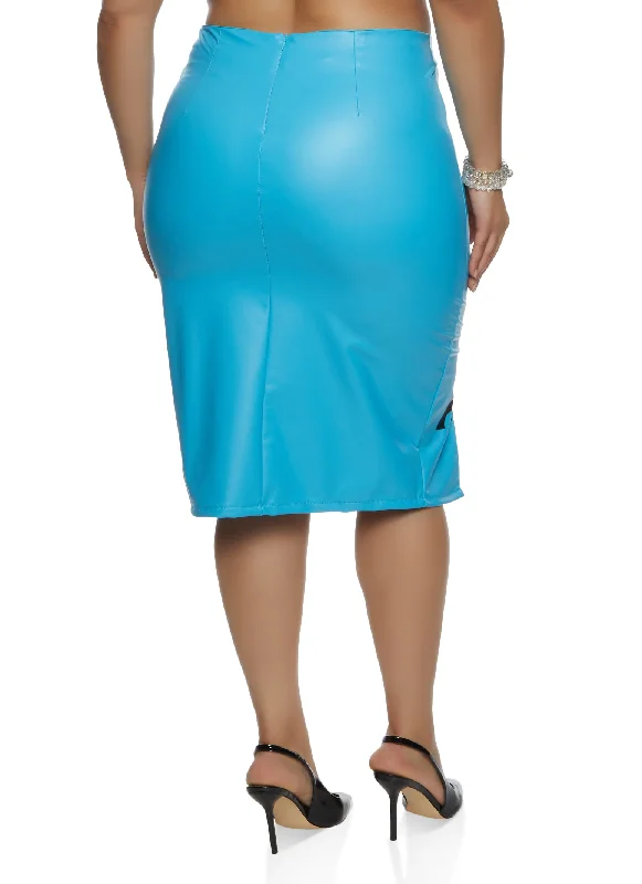 Plus Size Faux Leather Savage Graphic Pencil Skirt