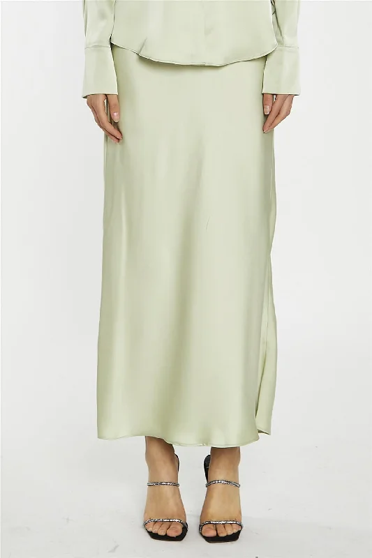 Sage-Satin Bia-Cut Midi-Skirt