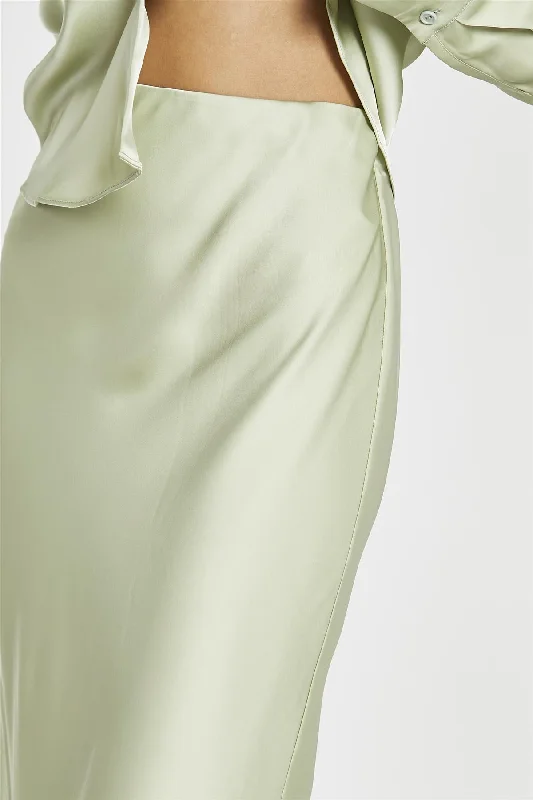 Sage-Satin Bia-Cut Midi-Skirt